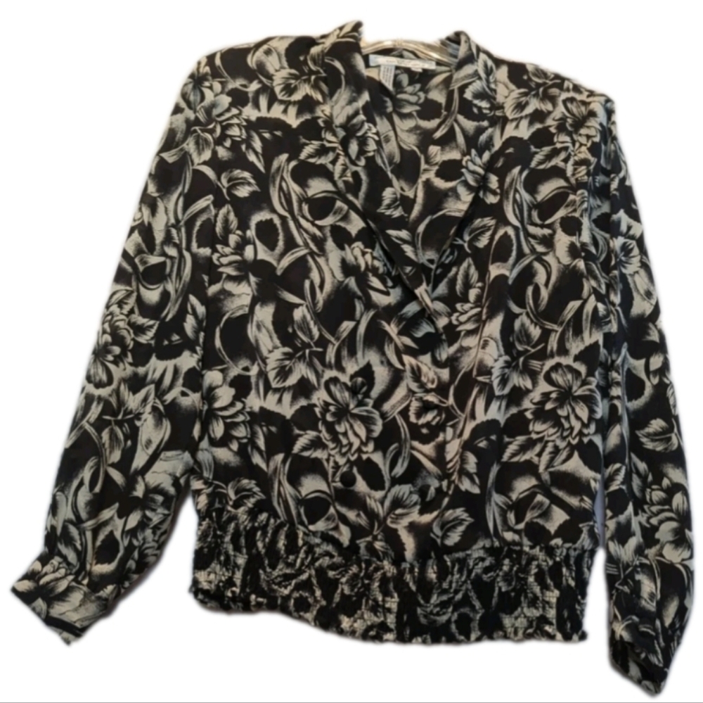 Laura Jayne Petite Blouse Top Black/White Floral Petite 12 LS Elastic Waist EUC